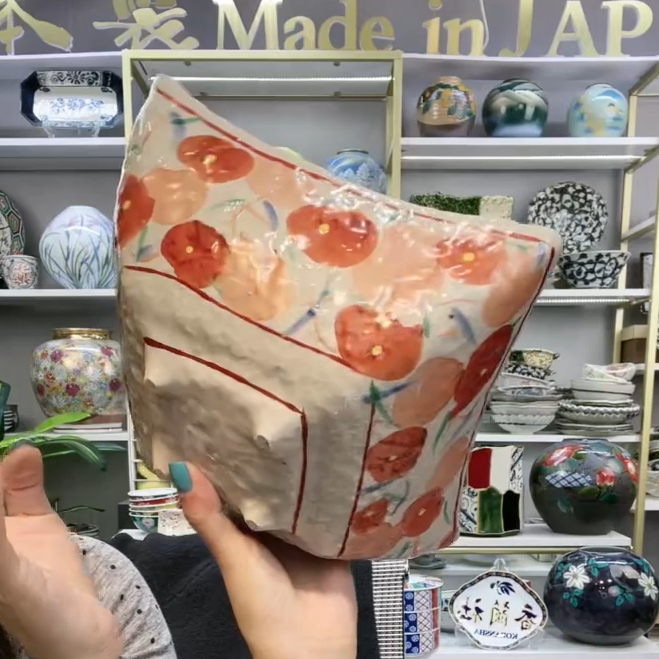 【单支】日本进口美浓烧红果花异型四角钵