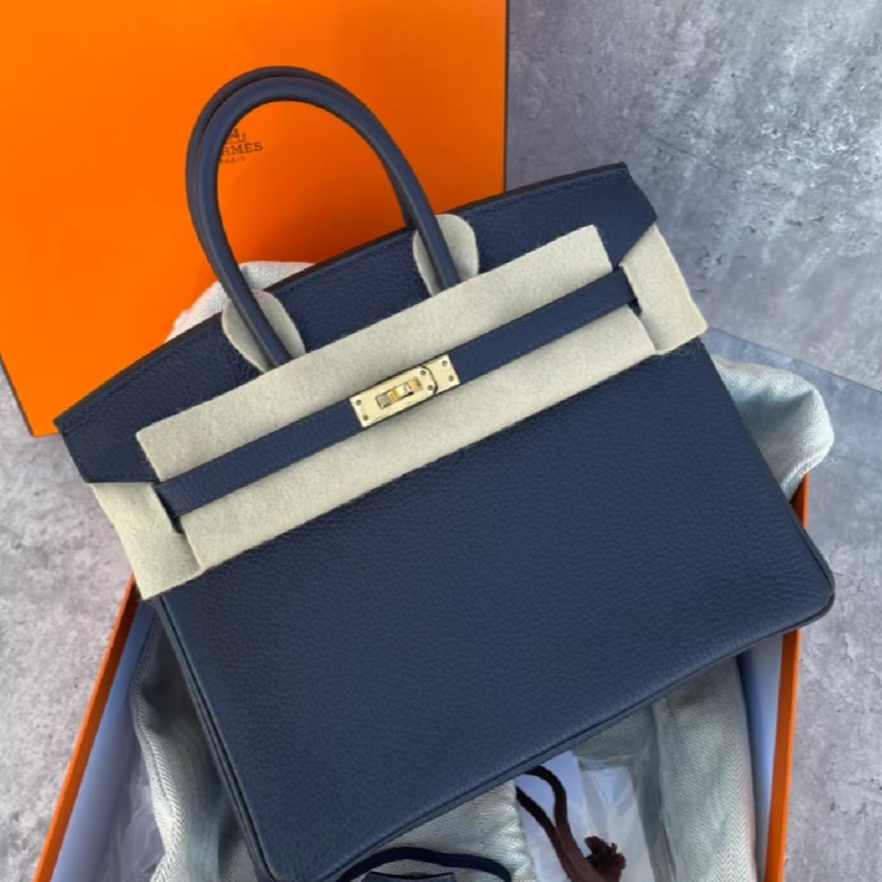 99新 Hermes/爱马仕 小花6枫 Birkin 25 午夜蓝Togo皮Y刻 金扣包