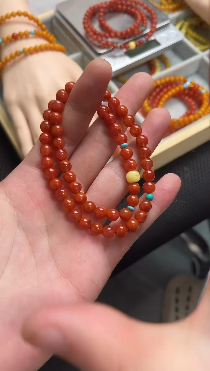 手串未镶嵌南红玛瑙火焰红双圈手串QF-B79（多样性发一）