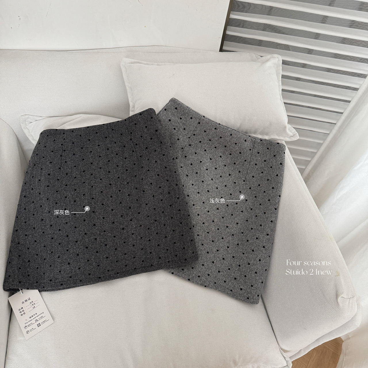 灰色波点短裙女2025春秋季小个子a字半身裙大码防走光毛呢包臀裙