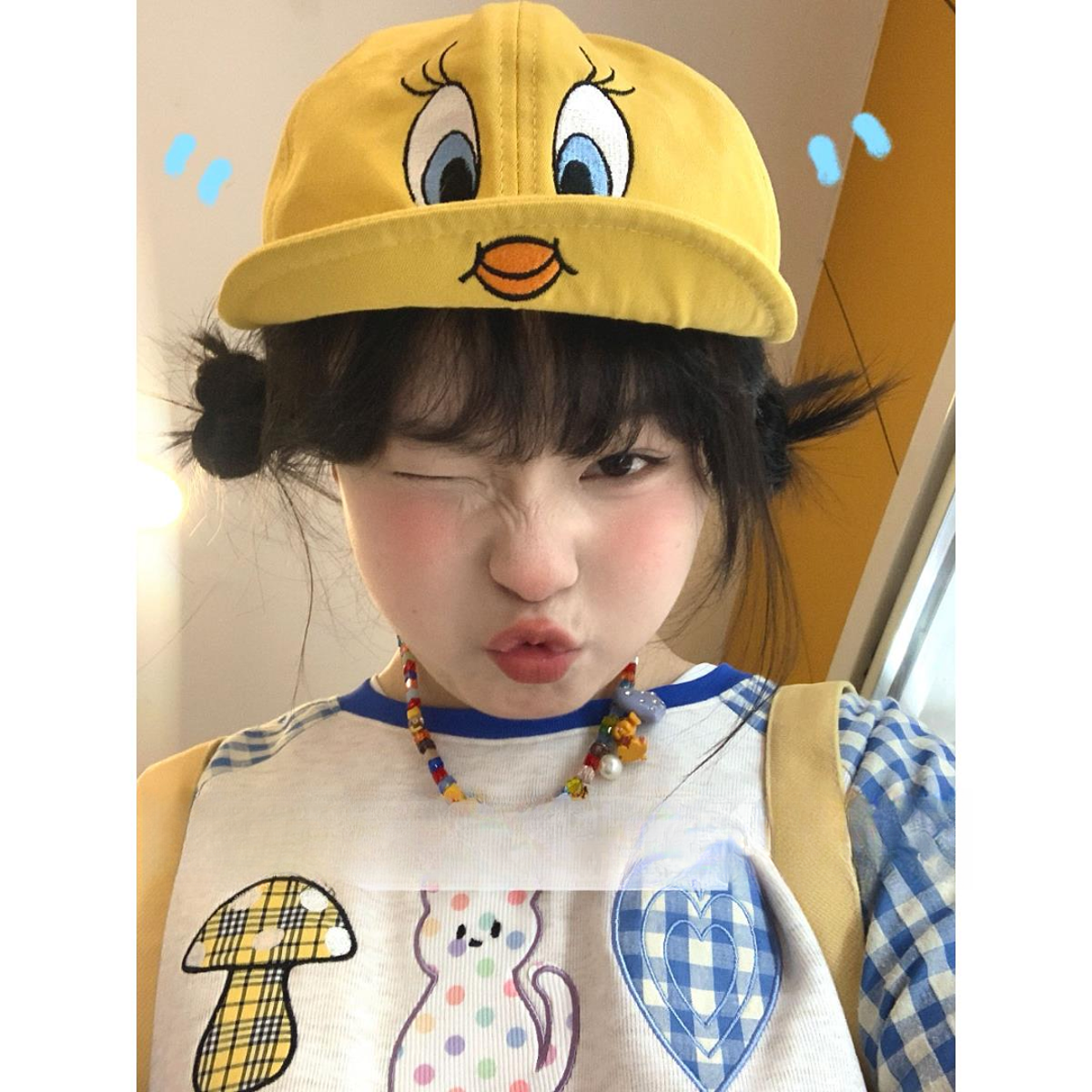 原创版！韩国崔弟翠儿翻檐鸭舌帽子可爱小黄鸭刺绣翠迪棒球帽日系