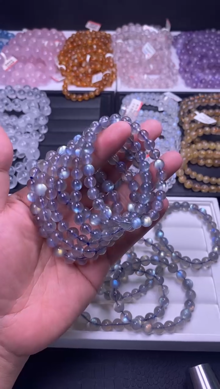 手串未镶嵌拉长石7mm小灯泡灰月光