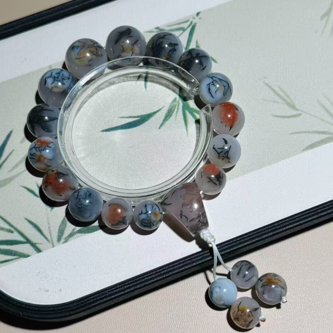 【杰韵】原矿无优化南红稀有极品蓝冻底水墨三色微塔圆珠手串收藏级