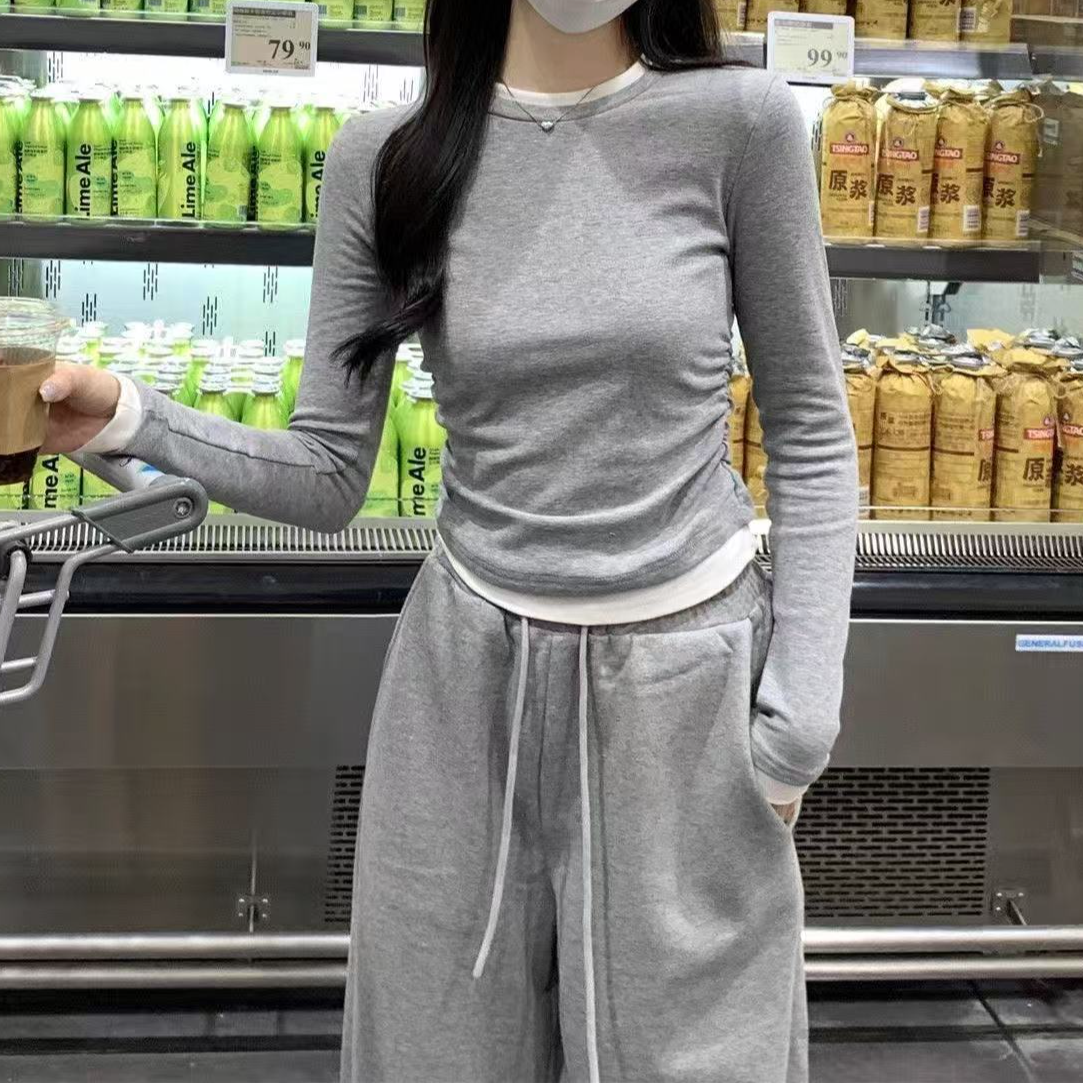 纯欲设计感秋季拼接撞色美式假两件褶皱长袖修身T恤显瘦百搭上衣