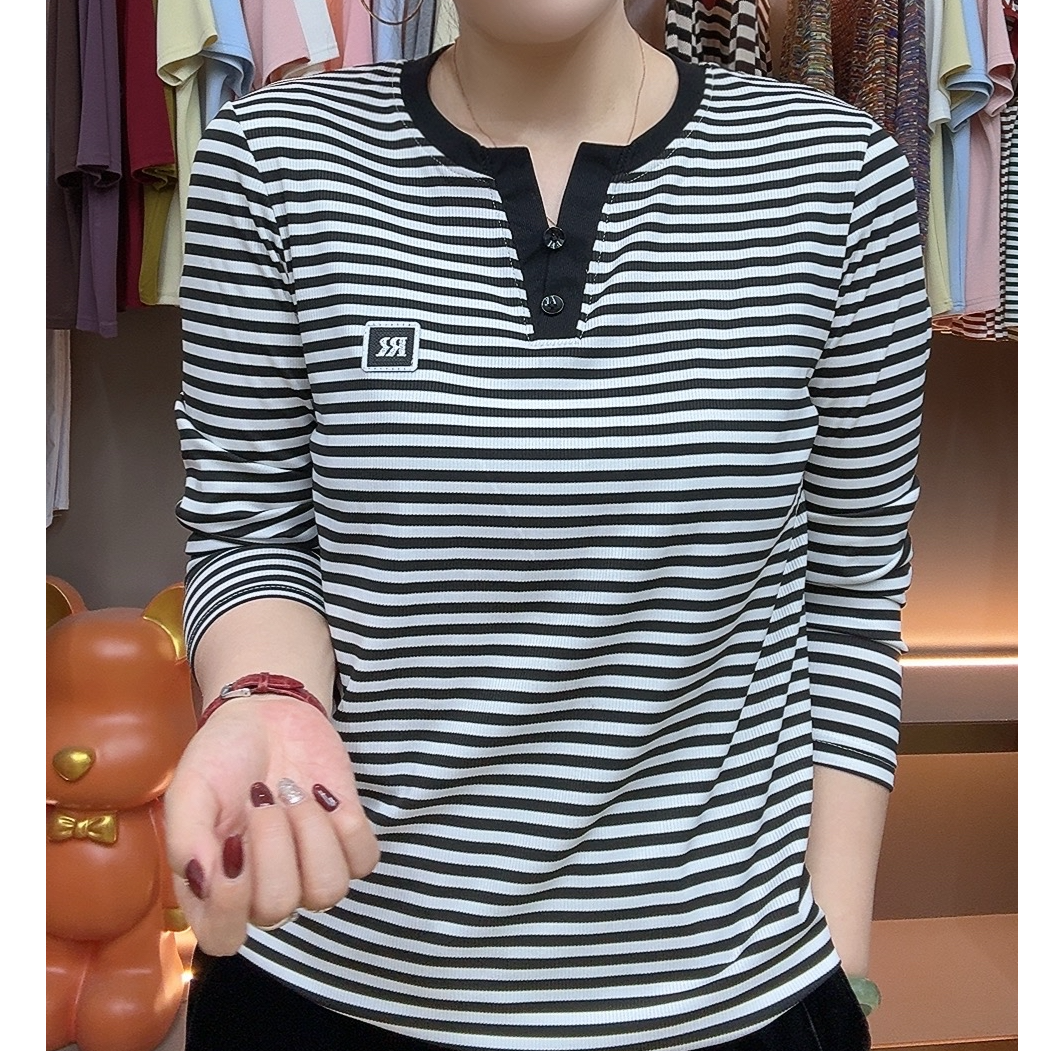 【新款福利】时尚撞色长袖秋衣剪刀领休闲百搭减龄宽松弹性大