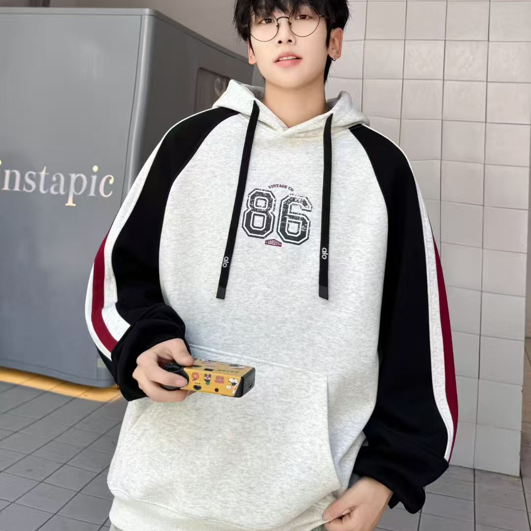 736青少年大童加绒拼色连帽休闲潮牌卫衣