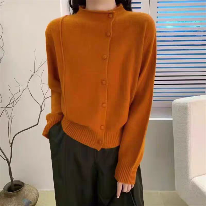 毛针织衫斜扣子常规南瓜色柔软贴肤厚款