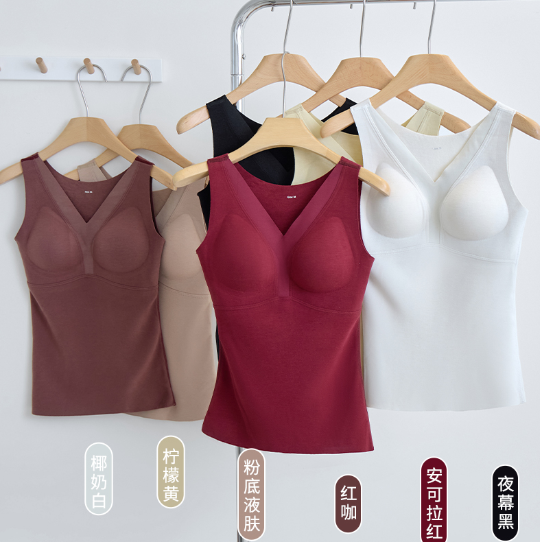 1398#秋冬季V领双面磨毛暖绒衣女士保暖背心