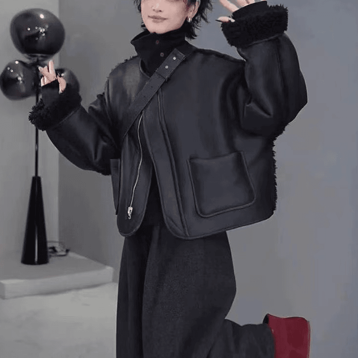 双面穿保暖长袖简约通勤厚款圆领短外套秋冬冬季短款宽松