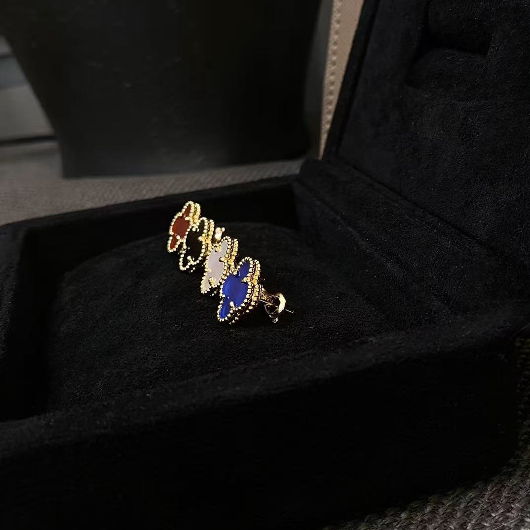 铜合金合成锆石耳饰 经典花花耳拍 气质蓝色时尚百搭复古小众彩色