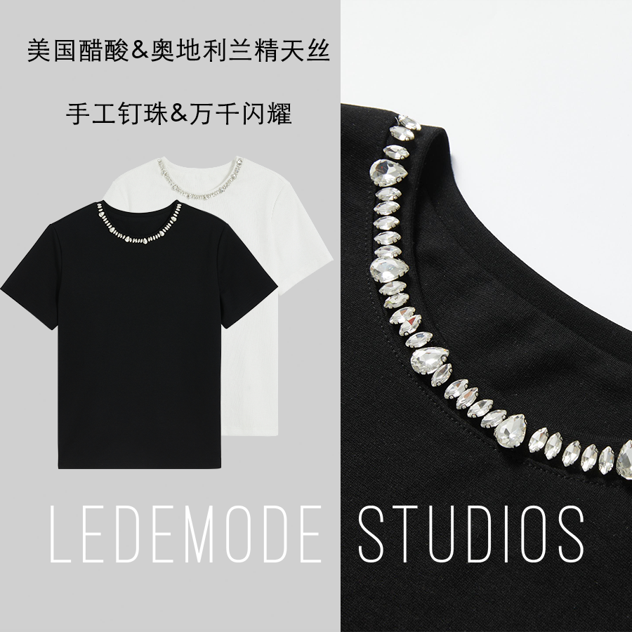 ULEDEMODE来末美国进口醋酸奥地利兰精天丝手工钉珠短袖t恤*LM195