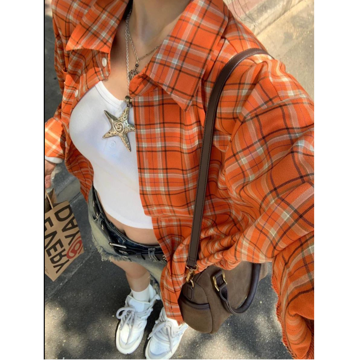 橘色格子衬衫女2025年早秋新款韩版宽松衬衣慵懒长袖显白上衣外套