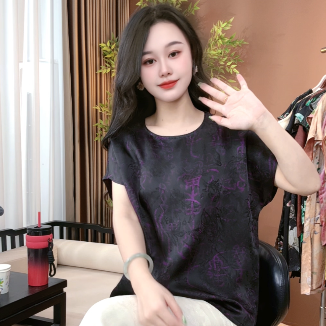夏季新中式国风桑蚕丝复古短袖时尚提花修身百搭上衣女S020