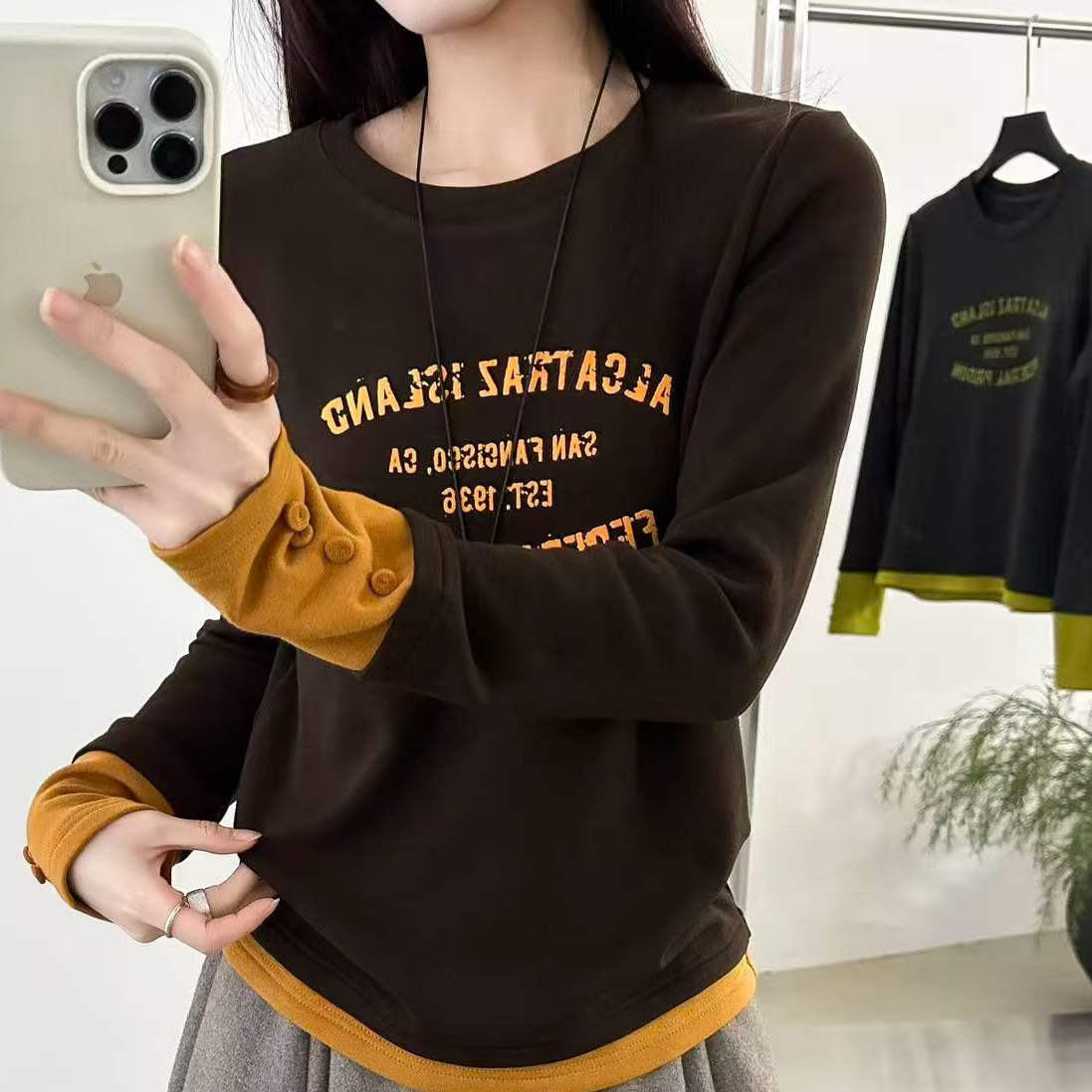 妮子严选时尚休闲圆领长袖百搭拼接打底3829