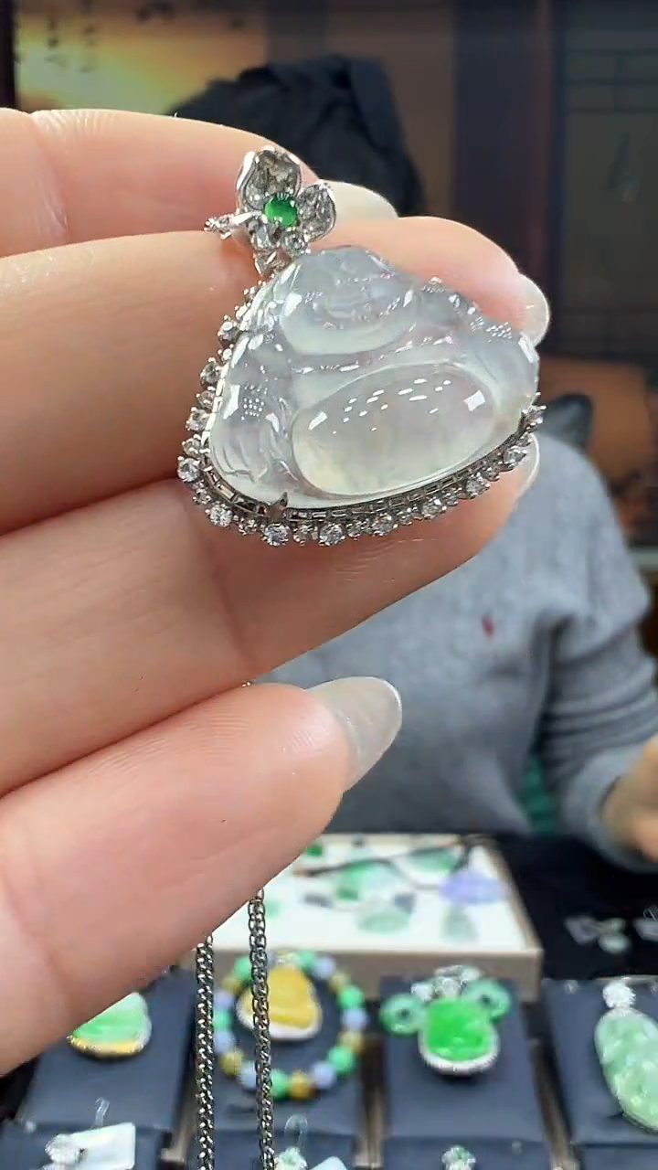 18K金镶嵌挂件翡翠佛公 不含链