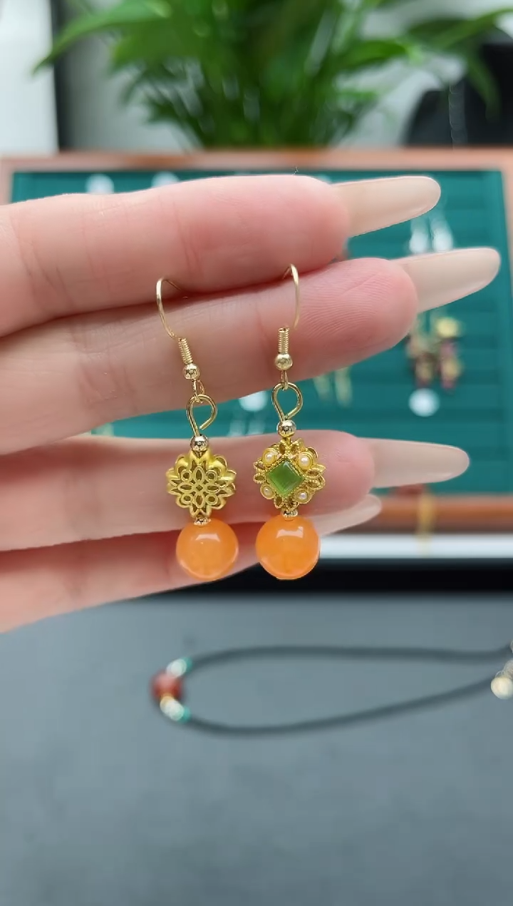 【闪购商品】玛瑙/玉髓耳饰银S925镀金镶嵌1109