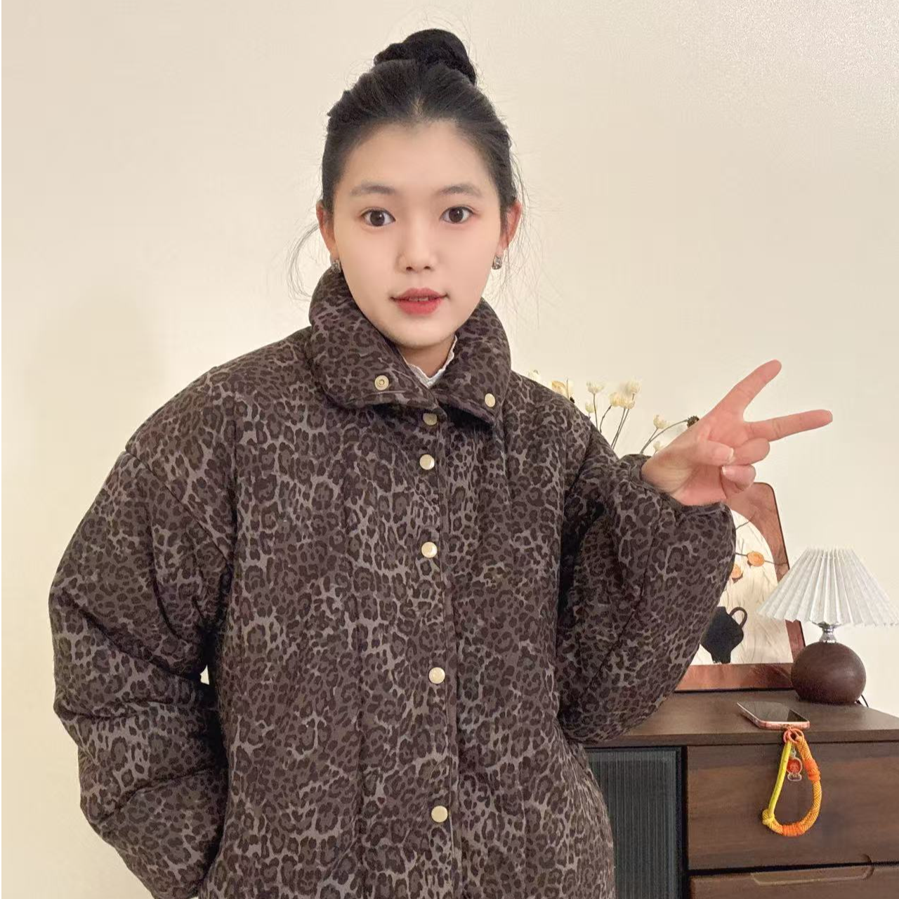 新疆棉【暖棕豹纹】立领中长款加厚保暖显瘦直筒时尚百搭女棉衣