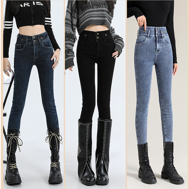 【可】2025冬季加绒小脚裤显瘦牛仔裤时尚百搭黑色外穿修身弹力秋冬