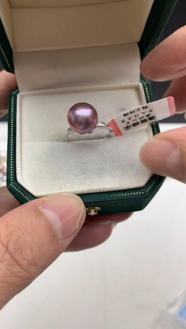 银S925镶嵌ff淡水珍珠紫珠戒指10~11mm