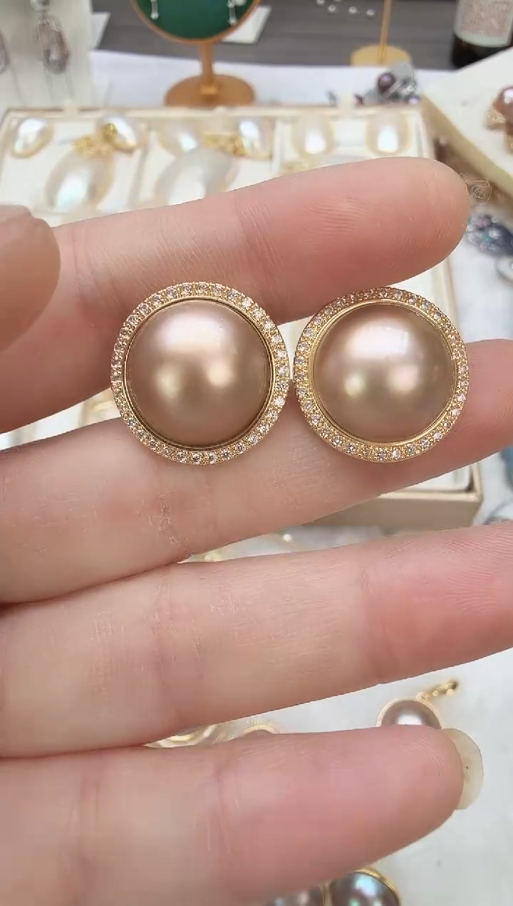 耳饰拼合珍珠（马贝珠）未镶嵌太阳花洒金色