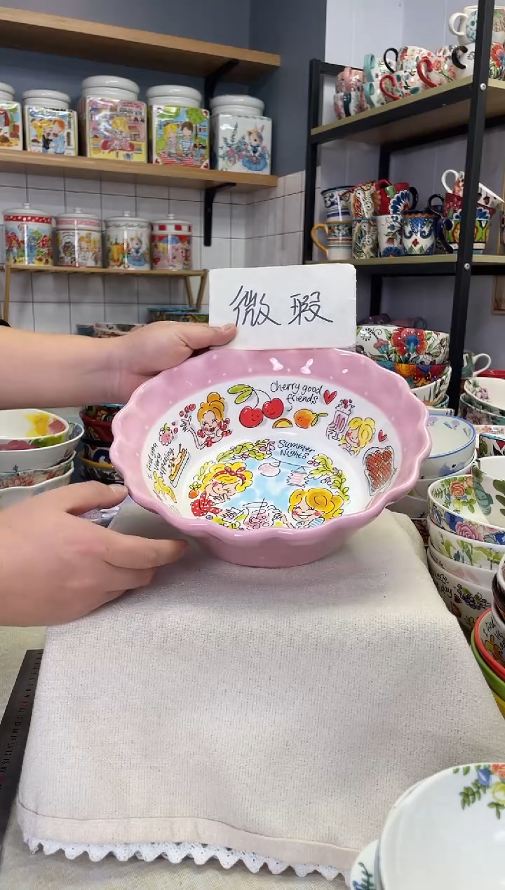 瓷片九寸花边汤碗西瓜女孩一只