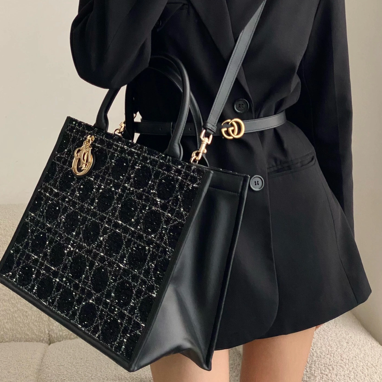 99新 DIOR/迪奥 24年Book tote 黑色粗花呢 编织拼皮中号 托特包