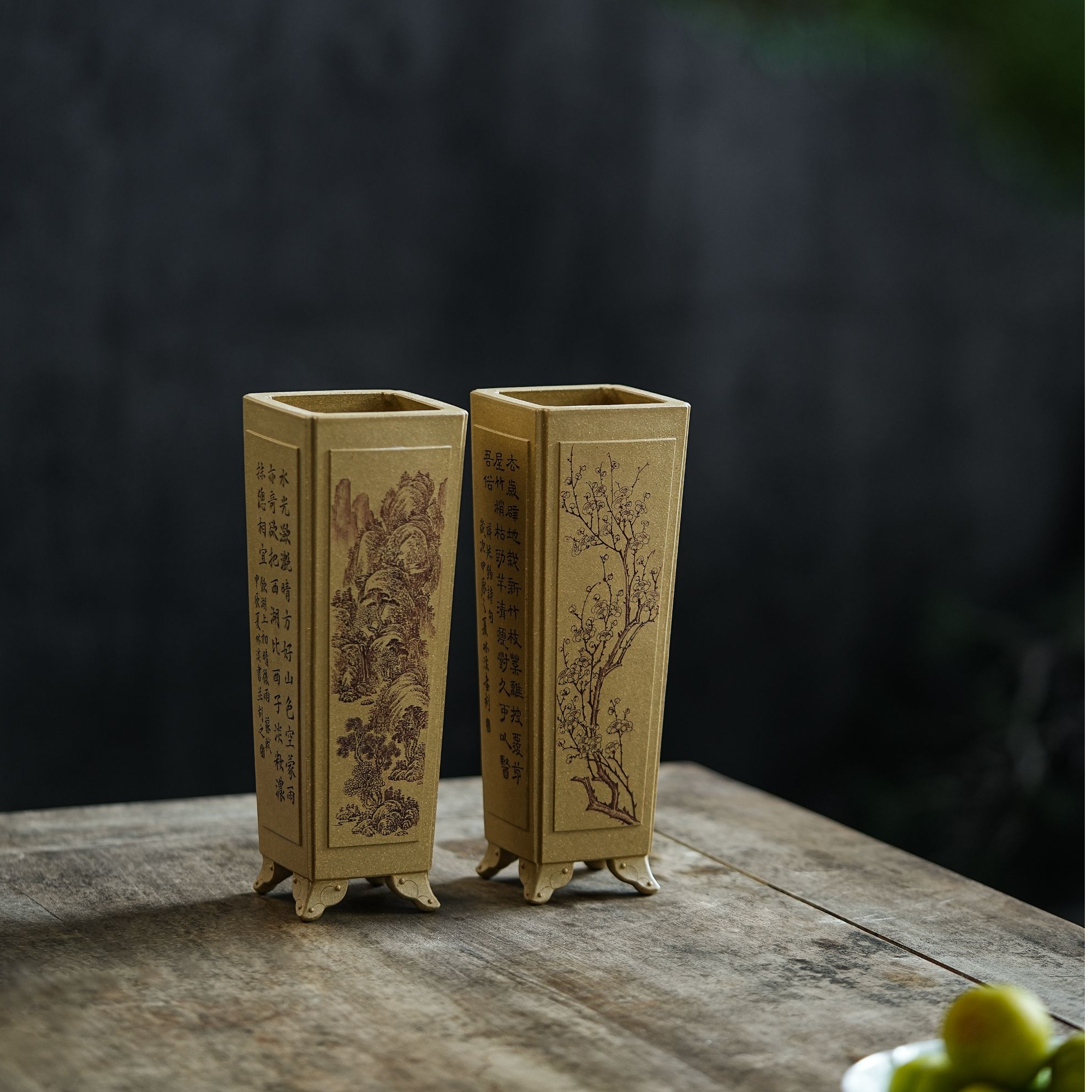 【紫砂雅玩】四方签筒对盆 | 全手工制 | 高工马健刻 | 重工刻绘