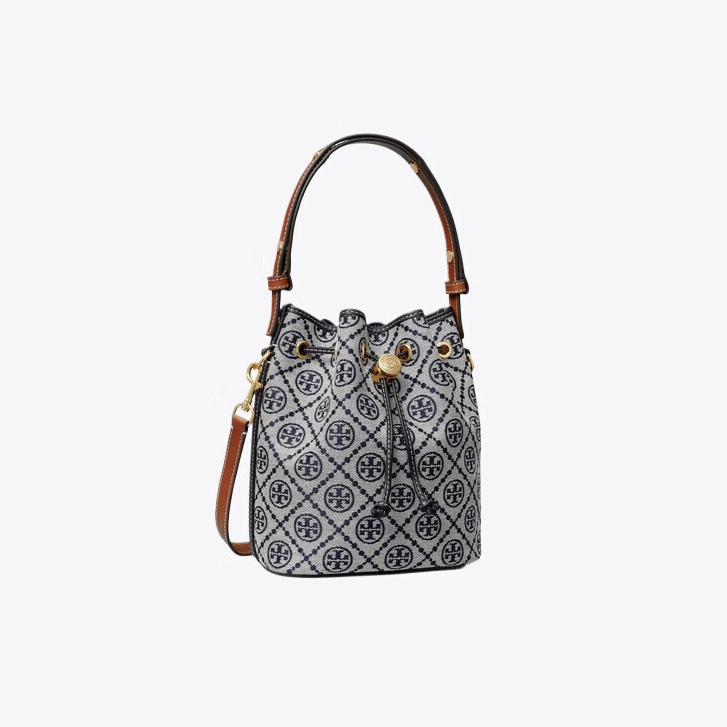 TORY BURCH/汤丽柏琦提花斜挎水桶包女包TB 166414 海军蓝
