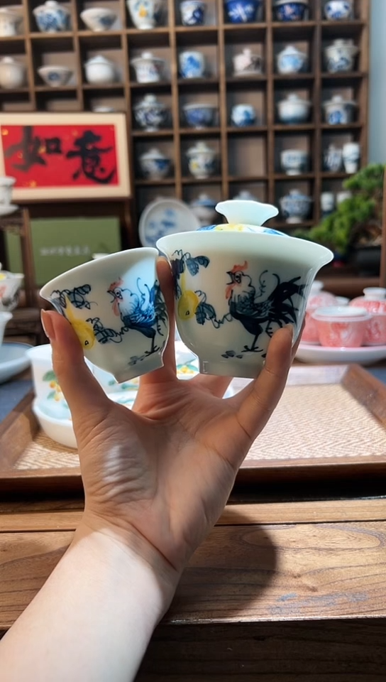 【闪购商品】手绘葫芦鸡二才盖碗+送主人杯