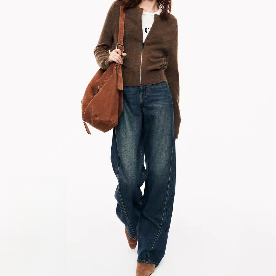 6863舒适棉磨白加绒阔腿裤缝前移中腰牛仔裤