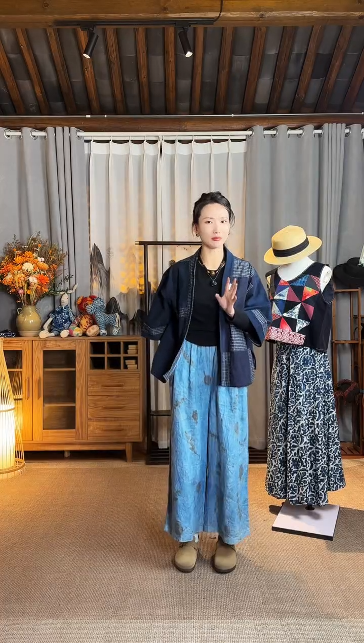 【闪购商品】设计师款蓝麻热转印阔腿裤