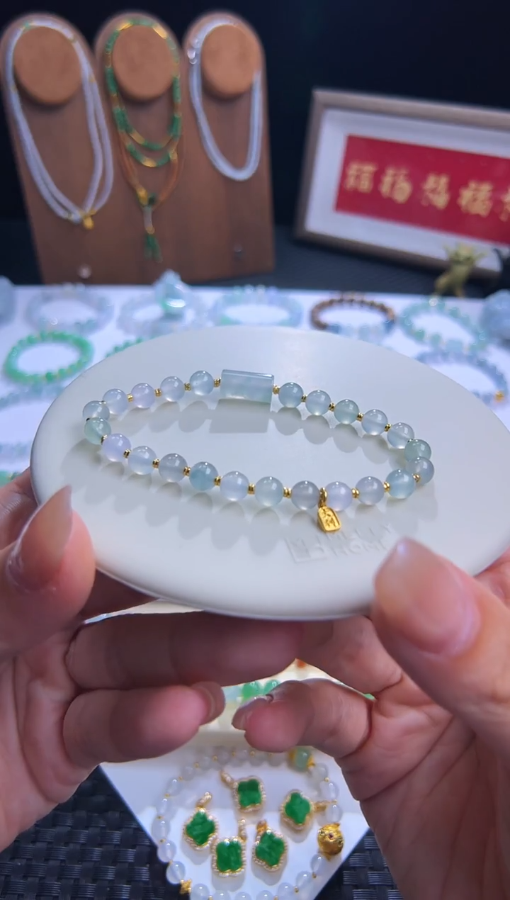 足金镶嵌手串翡翠莫兰迪色系！正冰卡6圆珠浅色马卡龙！种老起光！