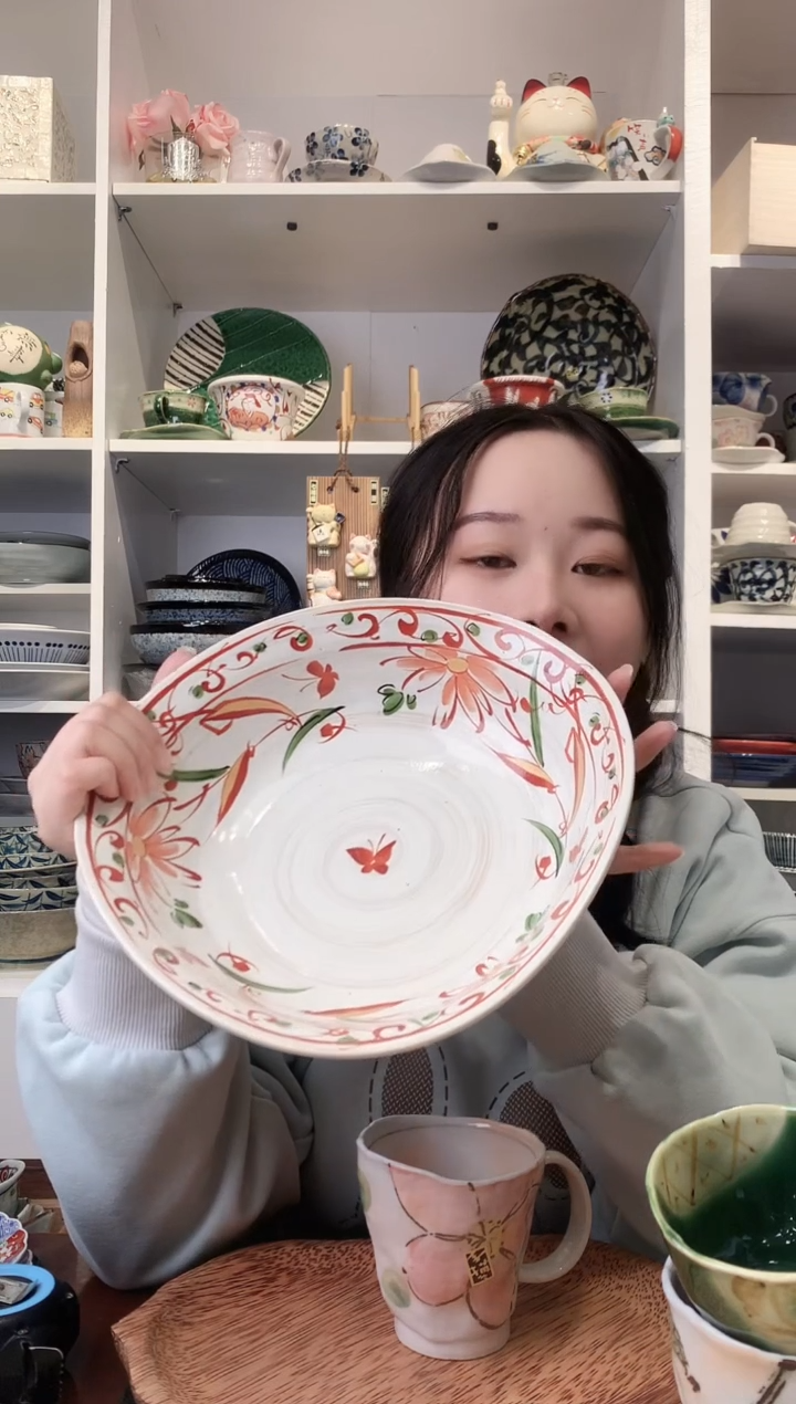 陶瓷bloom手绘赤绘花蝶三足大钵24.5cm