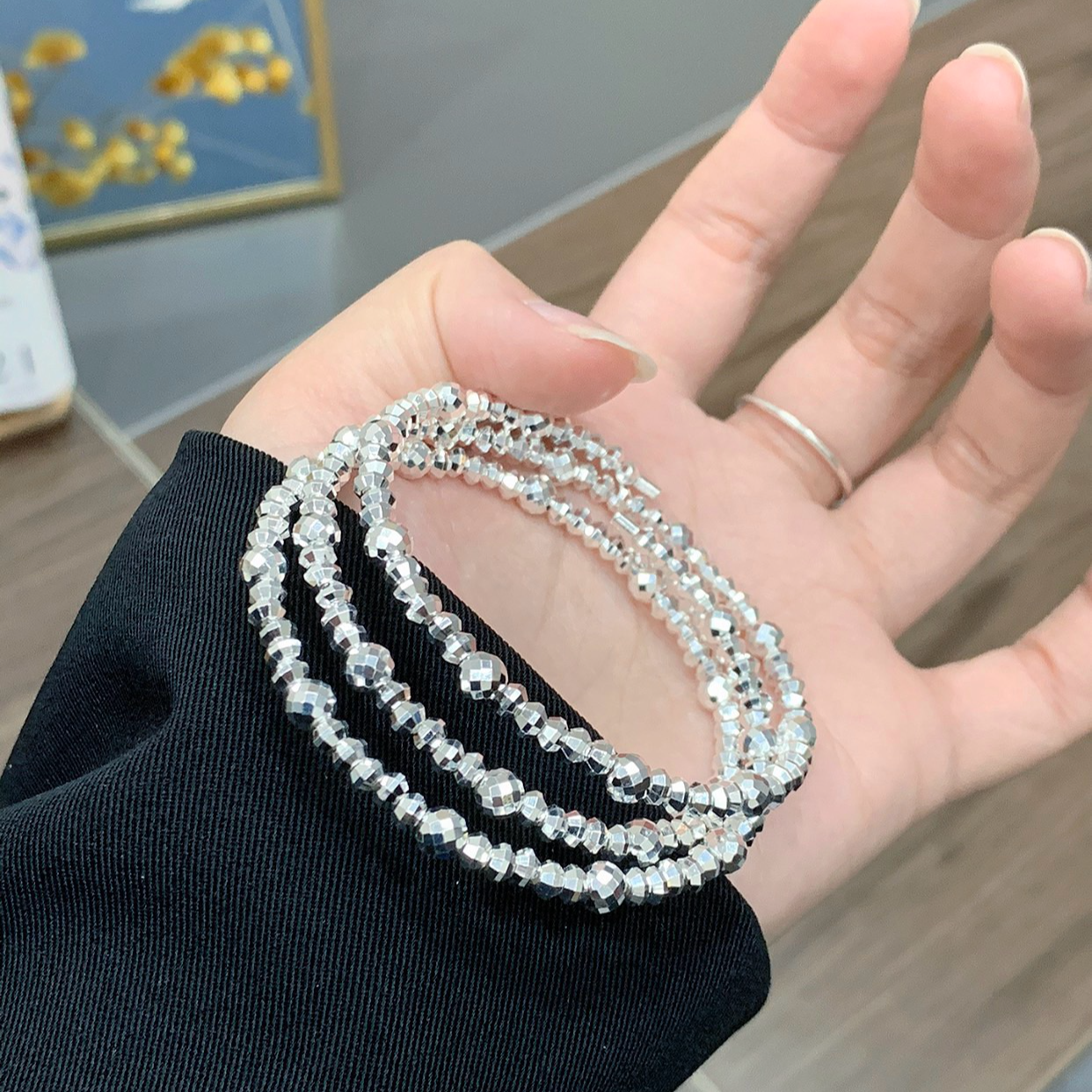 鹿怡 足银手镯 27g足银999.9珠烁弹力手镯多层碎银子亮面设计手环