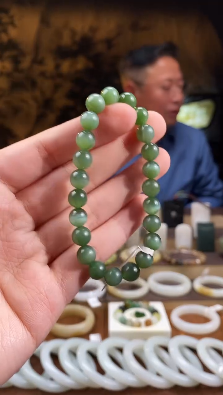未镶嵌手串和田玉碧玉黑猫 猫眼 8mm