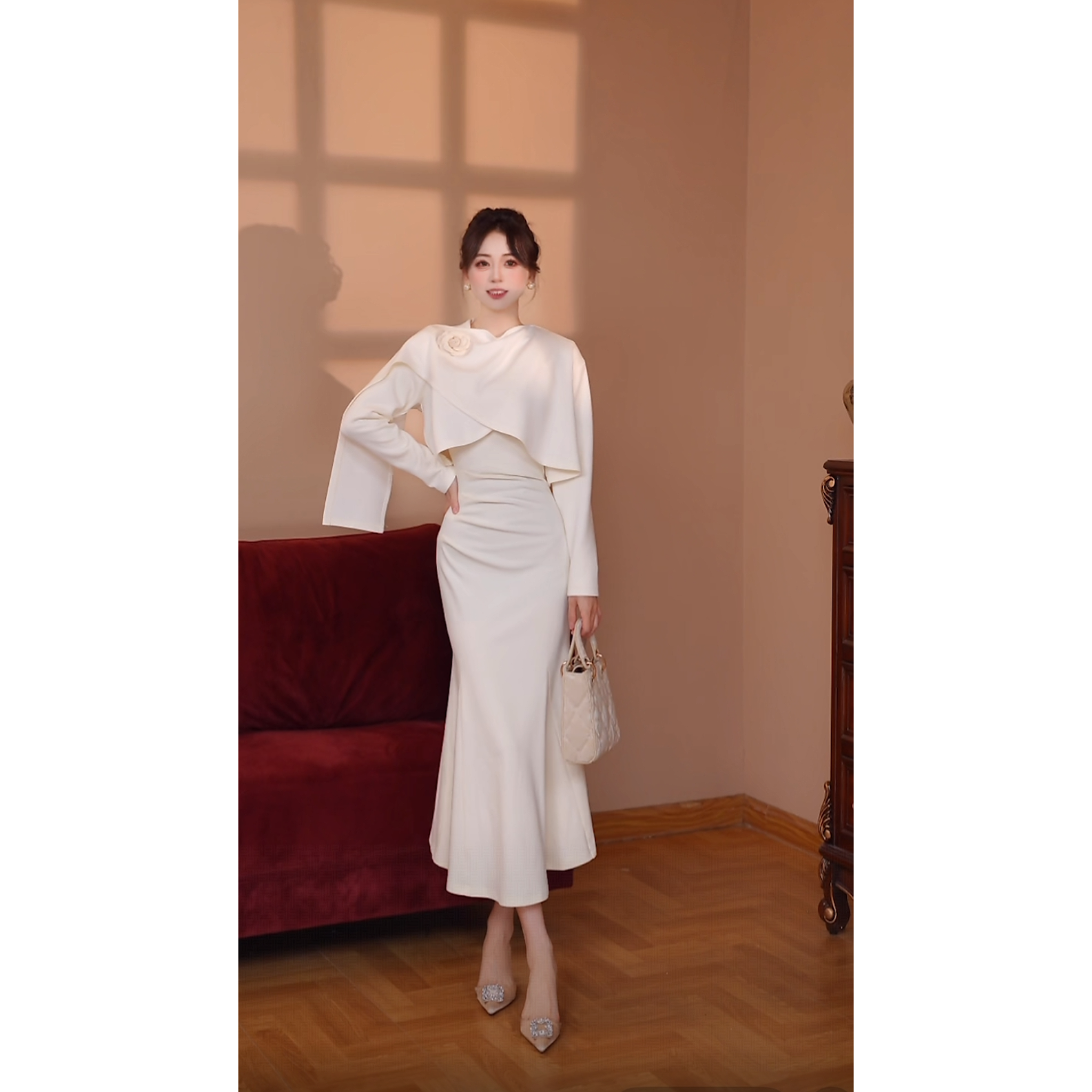 【瑞瑞定制】【无拉链】【两件套】法式千金披肩长款连衣裙套装D4141