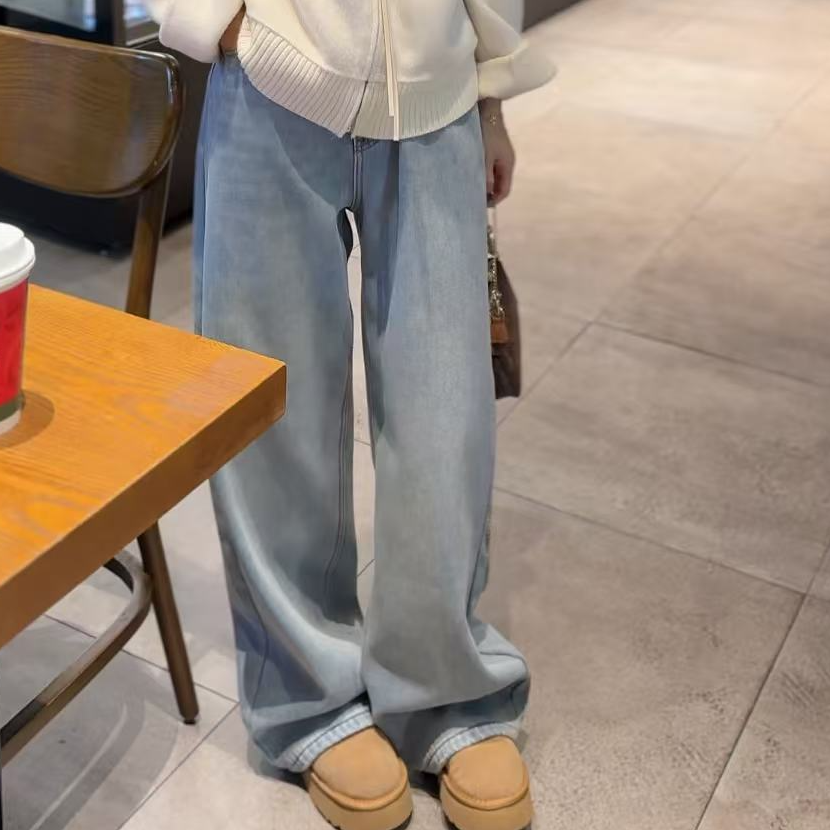 QiongQiong人手款！秋冬款水洗浅蓝色百搭显瘦抓绒高腰直筒牛仔裤