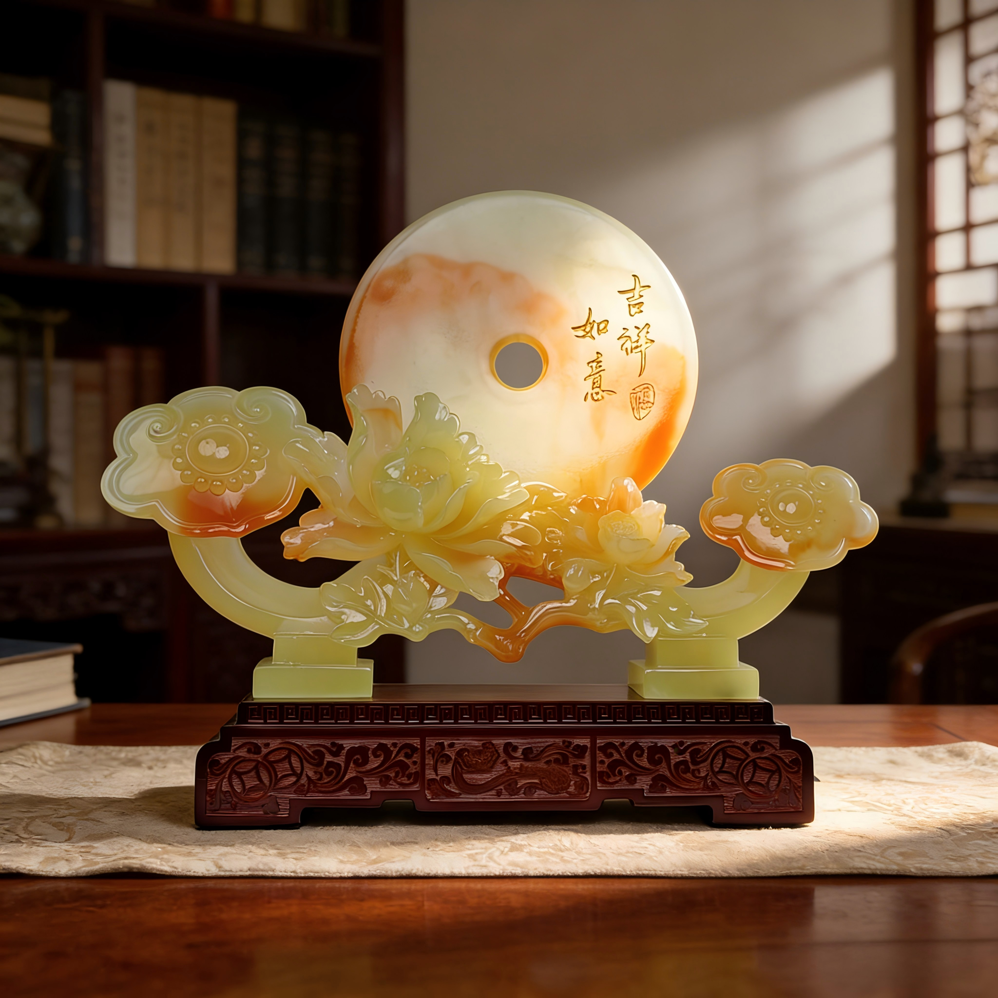 (吉祥如意) 红飘花玉色中式玄关客厅装饰乔迁摆件YC约长33*高29CM