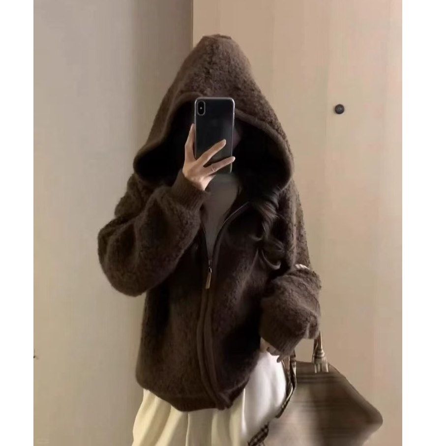 【咖啡棕圈圈毛连帽】法式气质开衫宽松卫衣长袖显瘦百搭针织衫女