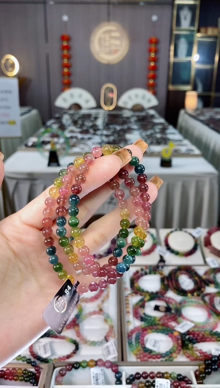 老矿碧玺色标彩虹冰体三圈手串5mm+未镶嵌碧玺dan多样性发货一条