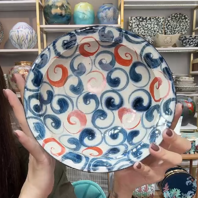 【单支】宗山家手绘陶瓷汤盘草帽盘19.5cm-赤绘旋涡