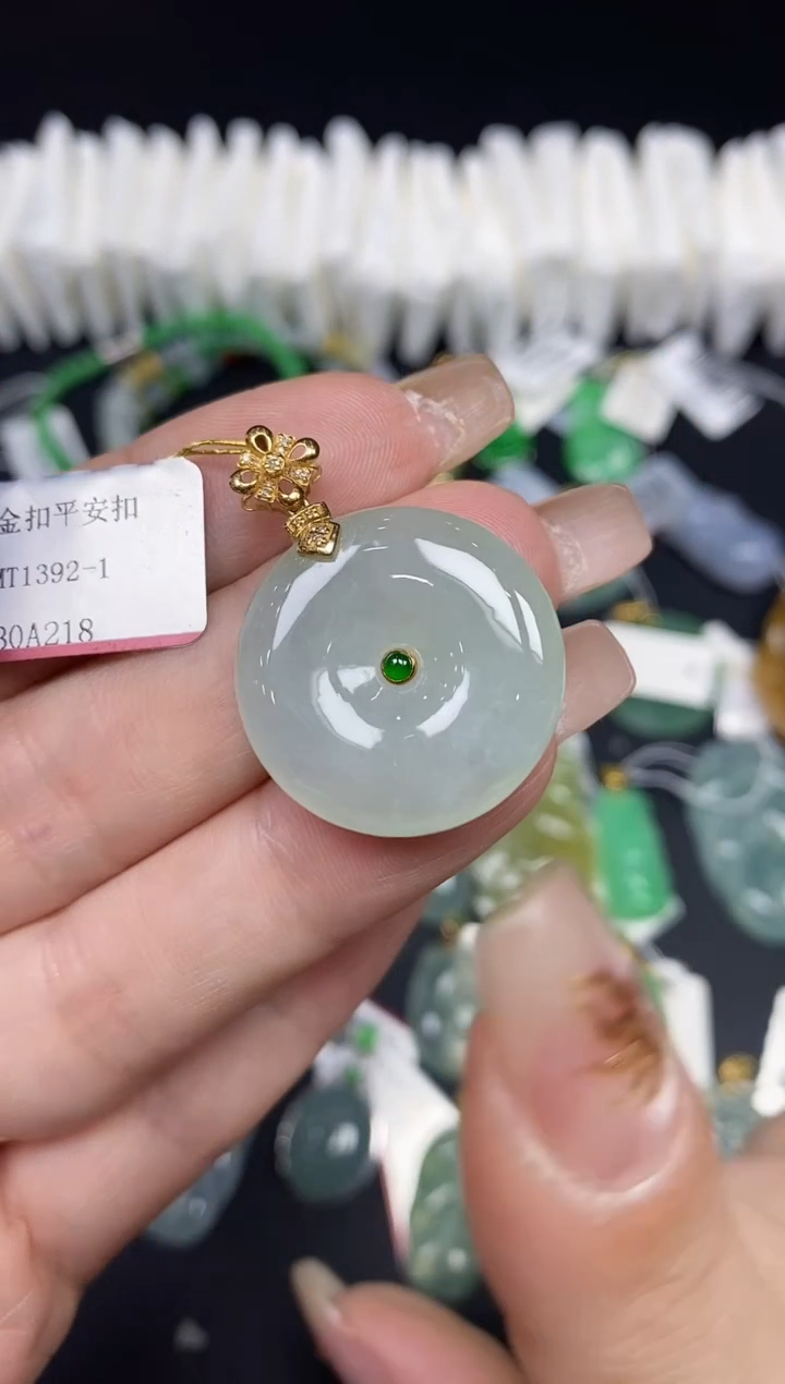 吊坠(不含链)18K金镶嵌翡翠平安扣18K金扣镶嵌@@CMT1392-1