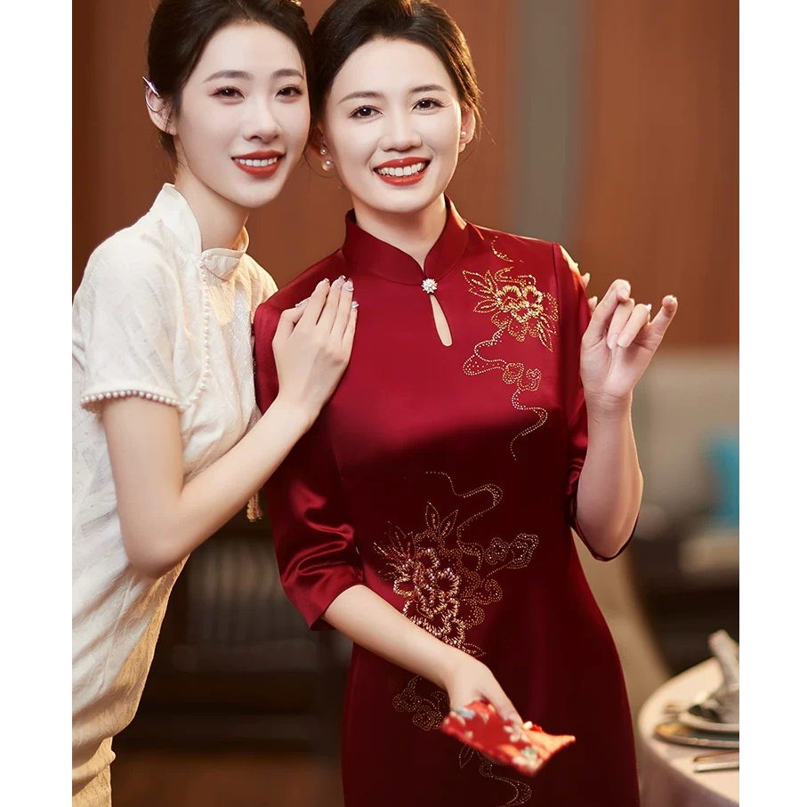 2025春秋季新款喜婆婆妈妈大码礼服红色中长款气质高贵显瘦中国风