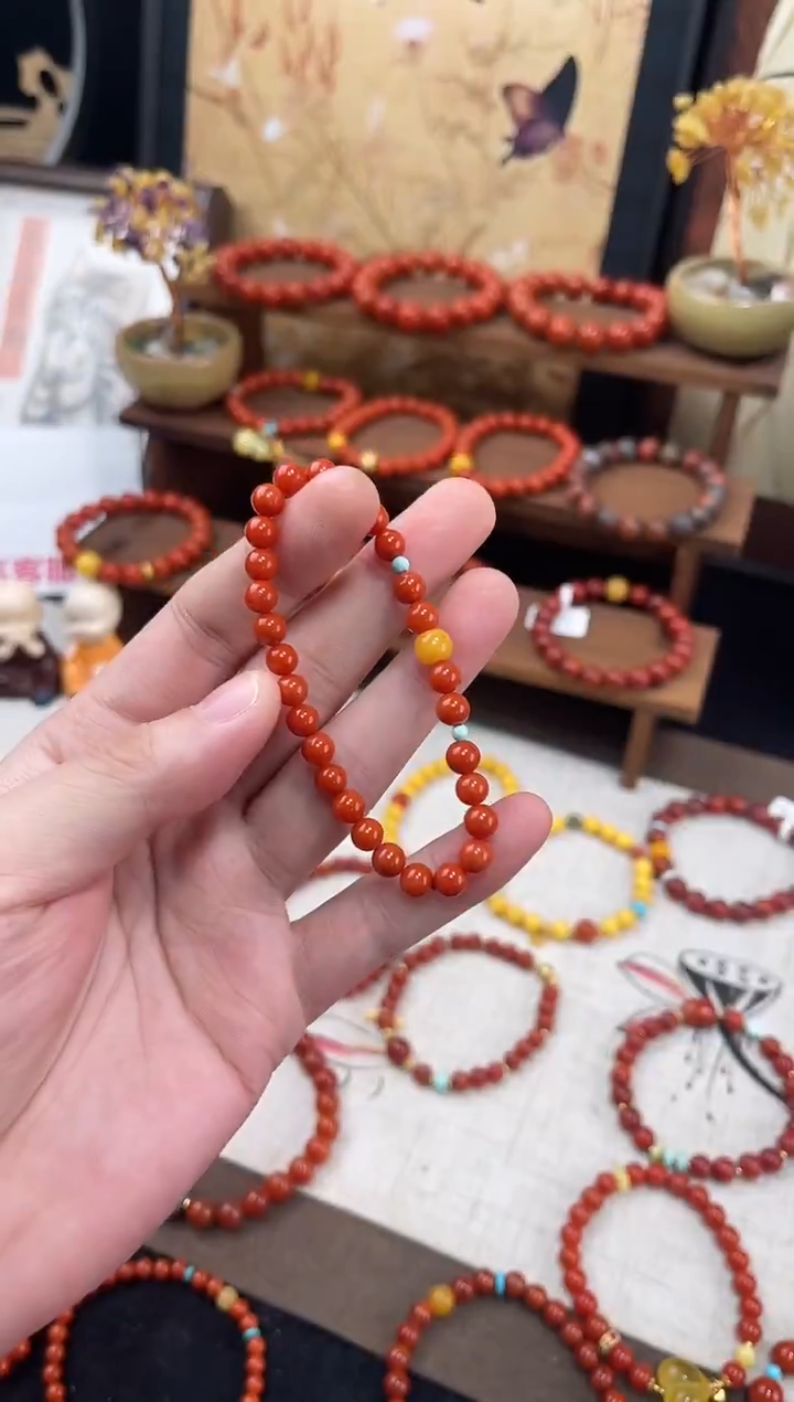 未镶嵌手串南红玛瑙柿子红满色满肉单圈蜜蜡QF-A422（多样性发一）