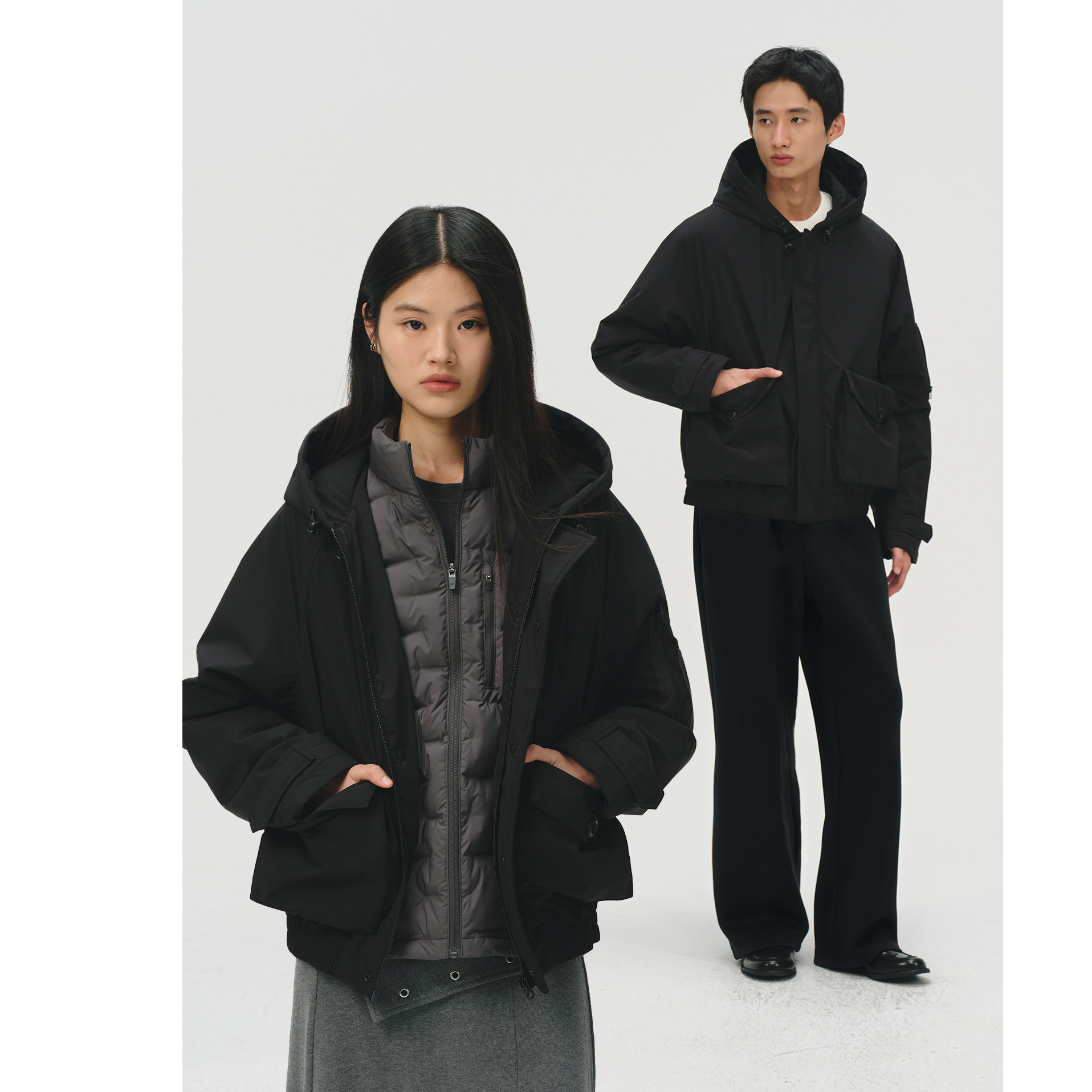 NO LOGO / 日本进口磨砂2L黑标P棉100g短宽连帽保暖Bomber棉服