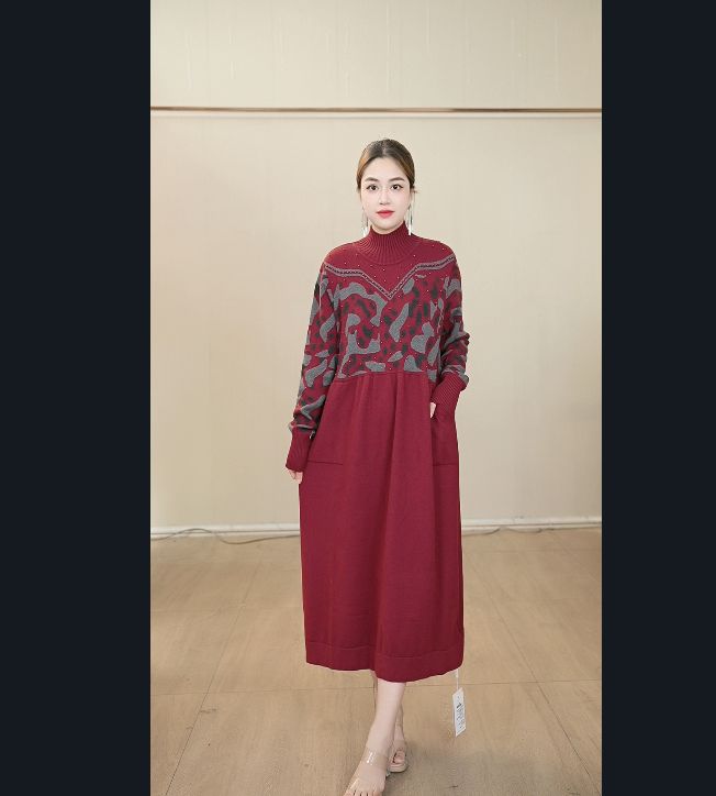 【嘉施兰格】1687潮款豹纹连衣裙2025冬上新优雅中长款纯色长袖裙子