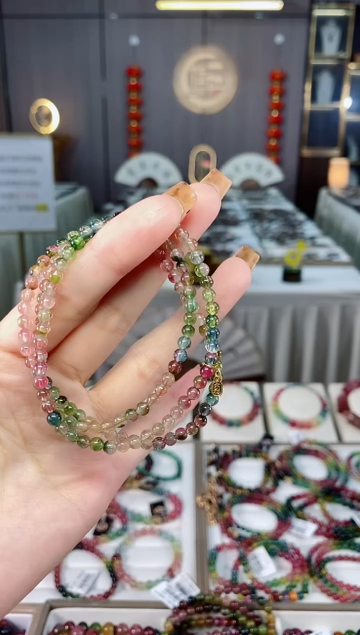 老矿碧玺西瓜净体三圈手串4mm+未镶嵌碧玺dan一物一证