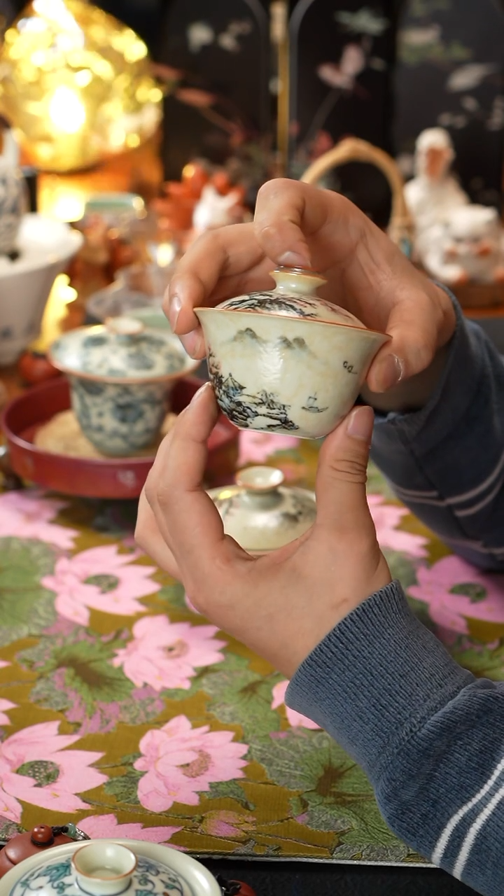 【闪购商品】屿青、山水小卧足盖碗