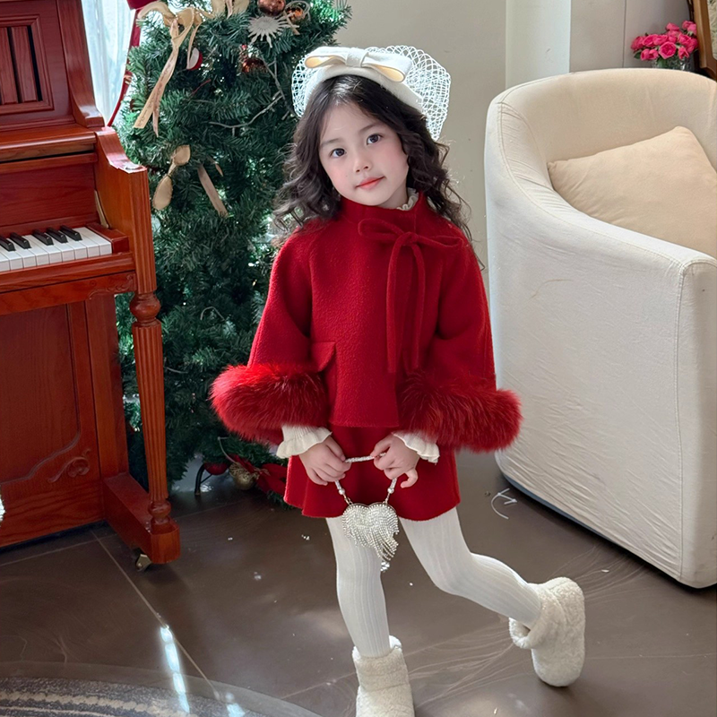 女童加绒唐装冬季新款韩版洋气时尚小香风加厚毛呢新年拜年服套装