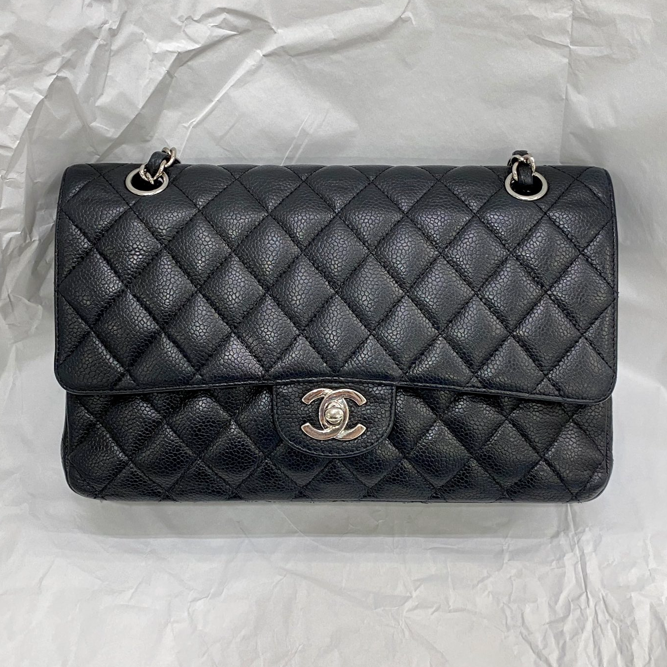 95新 Chanel/香奈儿 cf 中号黑银荔枝纹包/G24SK8244